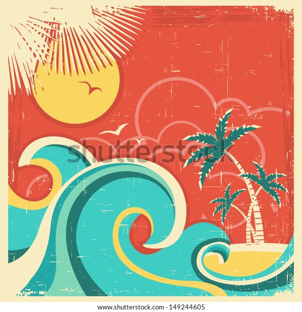 Vintage Tropical Poster Island Palmsvector Sea Stock Vector (Royalty ...