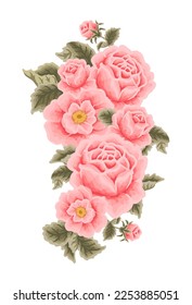 Vintage Tropical Rose, Peony Flower Bunch, Bouquet Vector Illustration Clipart Arrangement for Wedding Invitation, Greeting Card Decoration, Aesthetic Nature Crafts, Art and Creative Projects