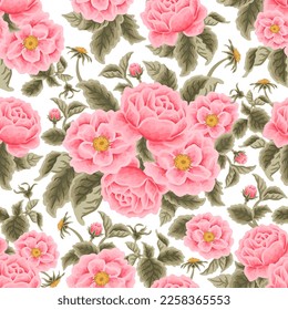 Vintage Tropical Rose, Peony Flower Bunch Vector Seamless Pattern Illustration for Fabric, Textile, Gift Wrapping Paper, Wedding Invitation, Greeting Card, Crafts, Art and Creative Projects