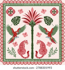 Vintage Tropical Scarf Pattern, Decorative Jungle Textile Pattern.