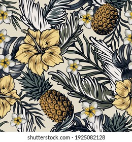 Vintage tropical seamless pattern with pineapples hibiscus and frangipani flowers and exotic leaves vector illustration