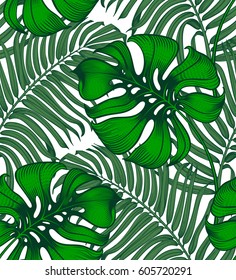 Vintage tropical seamless pattern. Tropic repeating background. Jungle. Exotic. Palm tree leaves isolated on white background. For print and web. Vector illustration.