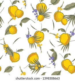 Vintage Tropical seamless pattern with yellow lemon illustrator in Vector design for fashion,fabric,web,wallpaper and all prints on white color background color