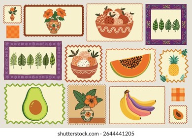 Vintage Tropical Summer Fruit and Leaf Pattern Elements Vector Set with Boho Floral Style for Seasonal Decoration and Design Assets, Italian summer Mediterranean trendy postage stamps.