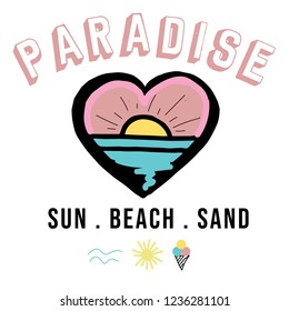 Vintage Tropical Sunset Graphic. Summer Graphic. Lettering ' Paradise ' Vector Illustration. Apparel Print Design. Sea, sun, heart, ice cream illustration print design. 