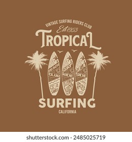 Vintage tropical surfing typography palm tree surf board design