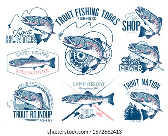 Vintage trout fishing emblems, labels and design elements.