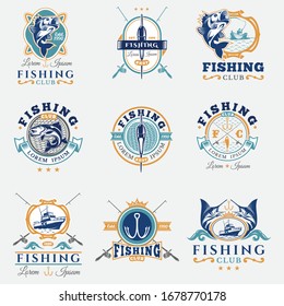 Vintage trout fishing emblems, labels and design elements.