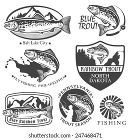 Vintage trout fishing emblems, labels and design elements