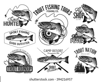 Vintage trout fishing emblems, labels and design elements
