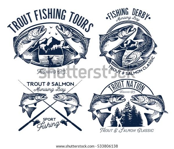 Vintage Trout Fishing Emblems Labels Design Stock Vector (Royalty Free ...