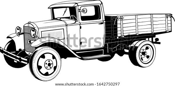 vintage\
truck with 1920s body, monogram, black\
graphics