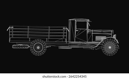 Vintage truck with a black trailer stands on a dark background, featuring a detailed 3D model with chrome headlights, a bold grille, and textured wheels.