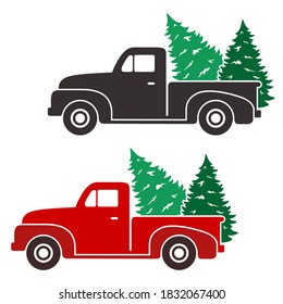 Vintage Truck Carrying Two Trees Vector Illustrations on White