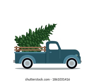 Vintage Truck With Christmas Tree. Vector Flat Illustration