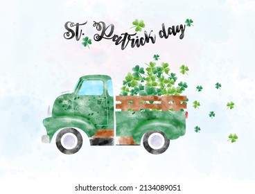 Vintage truck entrega la planta de shamrock con la redacción del día de San Patricio en color de agua sobre fondo azul.