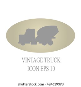 Vintage truck. Grey simple flat icon. Concrete mixer truck vector.