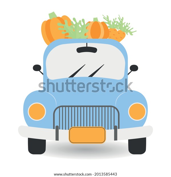 Vintage truck harvest blue car with pumpkins.
October print. Vector illustration. Pickup truck with harvest.
Pickup for postcards, flyers, brochures, invitations, for websites.
Harvest festival