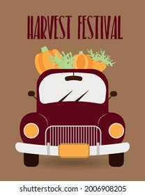 Vintage truck harvest red car with pumpkins. Pickup truck with harvest