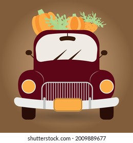 Vintage truck harvest red car with pumpkins. October print. Vector illustration. Pickup truck with harvest. Pickup for postcards, flyers, brochures, invitations, for websites. Harvest festival