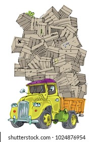 A vintage truck overloaded  with huge pile of fruit boxes. Cartoon. Caricature.