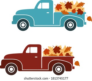 Vintage Truck Set With Fall Leaves Vector Illustration