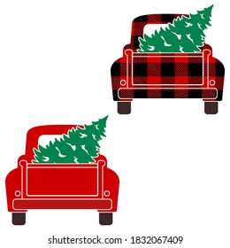 Vintage Truck Tailgate With Christmas Tree Vector Illustrations On White