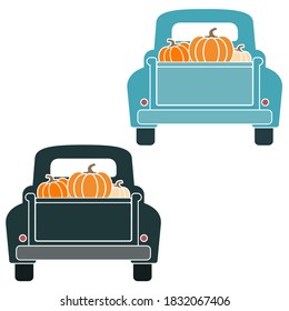 Vintage Truck Tailgate with Pumpkins Vector Illustrations on White