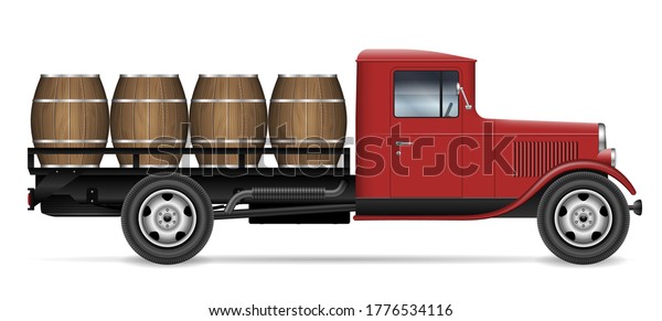 Vintage truck with wooden barrels view from side,\
all elements in the groups on separate layers for easy editing and\
recolor
