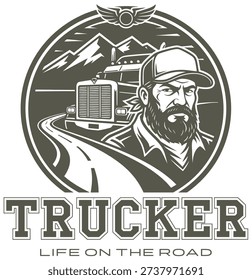 Vintage Trucker Vector Decal Logo with Bearded Driver and Semi Truck Badge