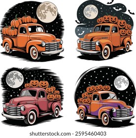 Vintage Trucks with Pumpkins Under Moonlit Halloween Night vector illustration 