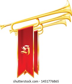 Vintage trumpets or bugles with flags - fanfare of triumph, symbol of glory