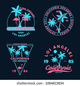 Vintage t-shirt design. Badges and emblems set with California prints. Graphics collection for apparel, labels and patches. Vector.