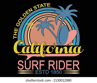 Vintage tshirt design, the golden state california surf rider estd 1850.