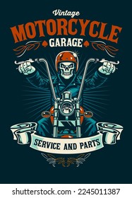 Vintage T-shirt design of Motorcycle Garage With Skull Biker Mascot