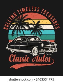 Vintage T-Shirt Design. Old classic car. sunset vintage 