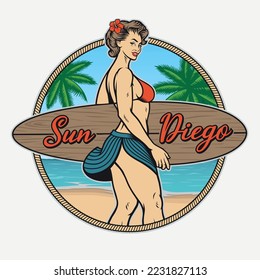 Vintage t-shirt design with a pin up girl surfer on a beach