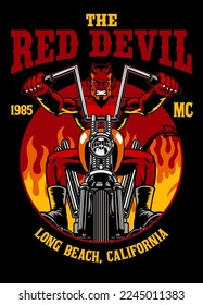 Vintage T-shirt Design of Red Devil Riding Chopper Motorcycle