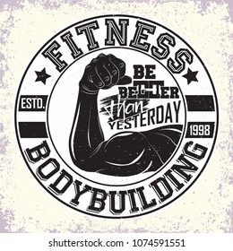 Vintage t-shirt graphic design,  grange print stamp, fitness typography emblem,  gym sports logo Creative design, Vector