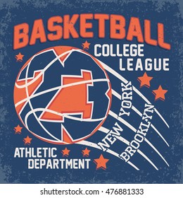 Vintage t-shirt graphic design,  grange print stamp, basketball typography emblem, Creative sports logo, Vector