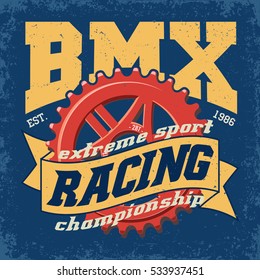 Vintage t-shirt graphic design,  grange print stamp, creative bmx typography emblem,  freestyle sports logo, Vector