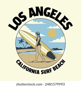 Vintage T-Shirt Illustration of Women Walking with surfboard