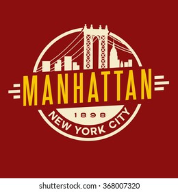 vintage t-shirt sticker emblem design. Manhattan New York City and Manhattan Bridge and  skyline