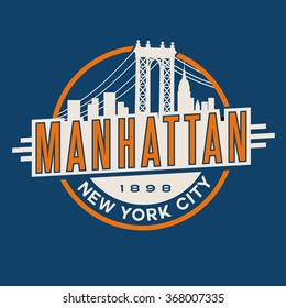 vintage t-shirt sticker emblem design. Manhattan New York City and Manhattan Bridge and  skyline