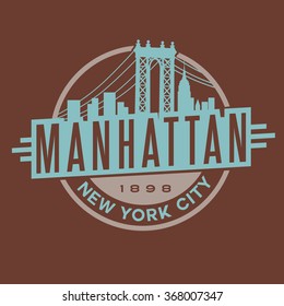 vintage t-shirt sticker emblem design. Manhattan New York City and Manhattan Bridge and  skyline