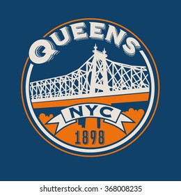 vintage t-shirt sticker emblem design. Queens, New York City and Queensboro Bridge