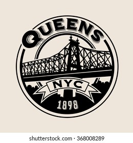 diseño de emblema de la pegatina de la camiseta de época. Queens, Nueva York y Queensboro Bridge