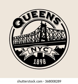 vintage t-shirt sticker emblem design. Queens, New York City and Queensboro Bridge