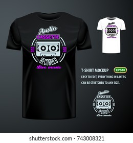 Vintage t-shirt with stylish Audio Cassette. Editable mock up