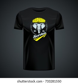 Vintage t-shirt with stylish elephant logo in center. Editable layout